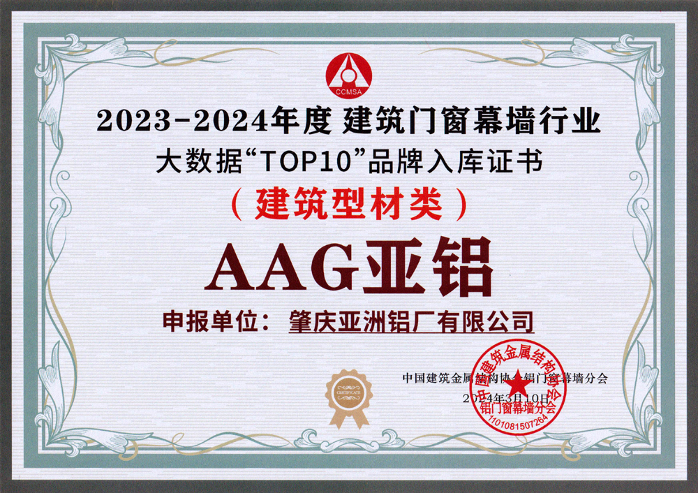 建筑门窗幕墙行业TOP10品牌入库证书